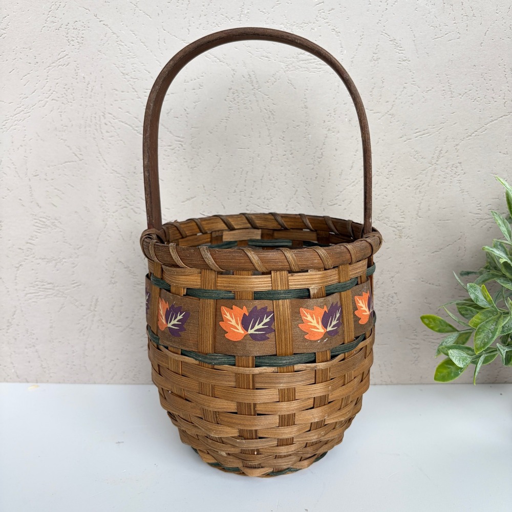 Vintage Style Woven Wood Fall Basket with Autumn Leaf Motif and Handle